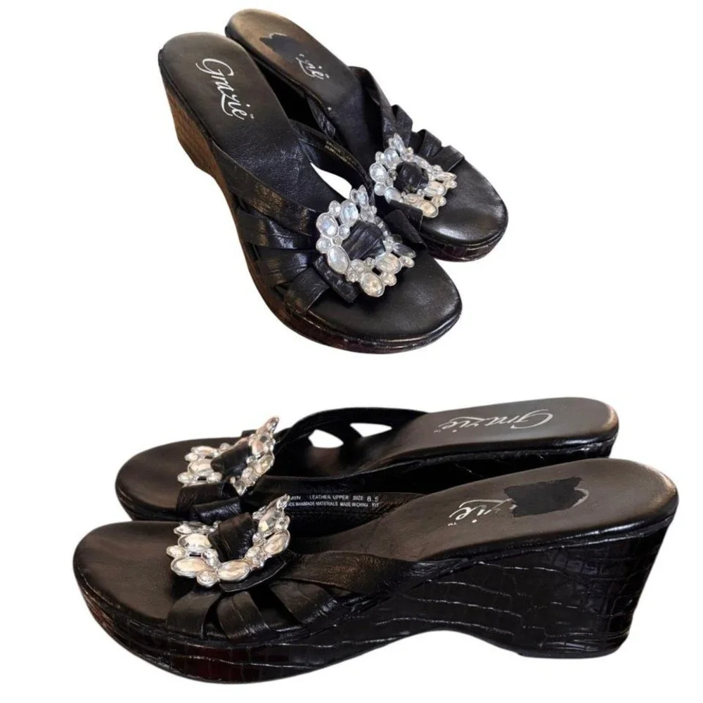 90's y2k vintage black leather‎ croc jeweled sandals size 8.5
